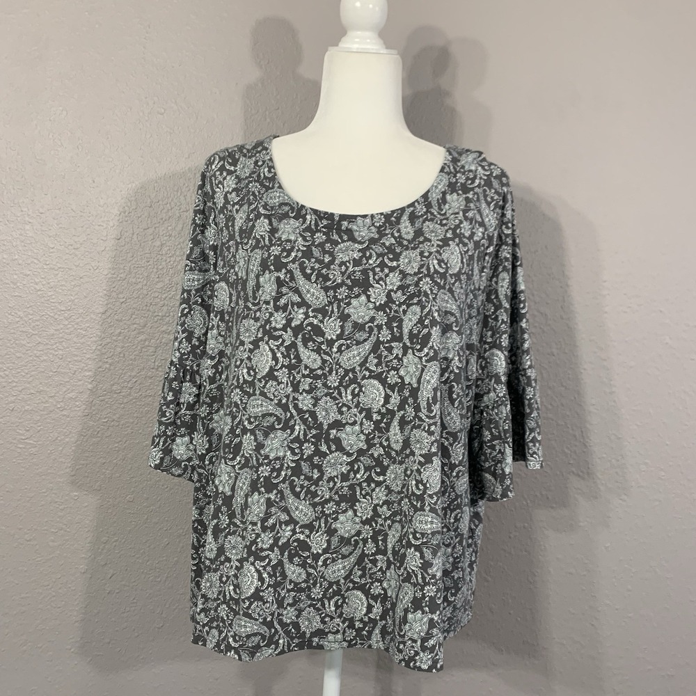 J Jill Womens Petite XLp Gray Paisley Shirt 3/4 Bell Sleeve Cottagecore Modal‎